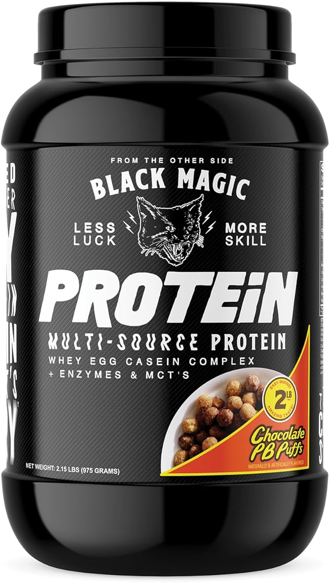 Black Magic Protein Powder - Whey, Egg, and Casein Complex with Enzymes & MCT Powder - Pre Workout and Post Workout - New Look- Famous Chocolate Peanut Butter Puffs - 24g Protein - 2 LB