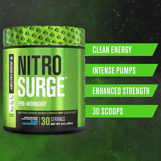 Jacked Factory NITROSURGE Pre Workout Supplement - Endless Energy, Instant Strength Gains, Clear Focus and Intense Pumps - NO Booster & Powerful Preworkout Energy Powder - 30 Servings, Black Cherry