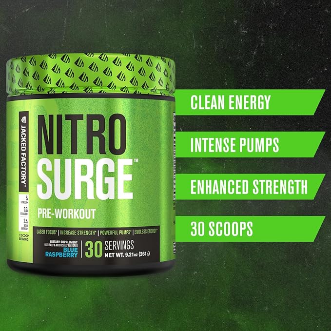 Jacked Factory NITROSURGE Pre Workout Supplement - for Energy, Instant Strength Gains, Clear Focus, Intense Pumps - Nitric Oxide Booster & Preworkout Powder with Beta Alanine - 30 Servings, Pineapple