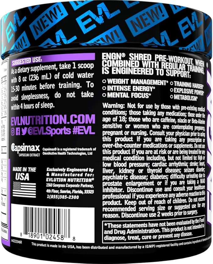 EVL Ultimate Pre Workout Powder - Thermogenic Fat Burn Support Preworkout Powder Drink for Lasting Energy Focus and Stamina - ENGN Shred Intense Creatine Free Preworkout Drink Mix - Grape