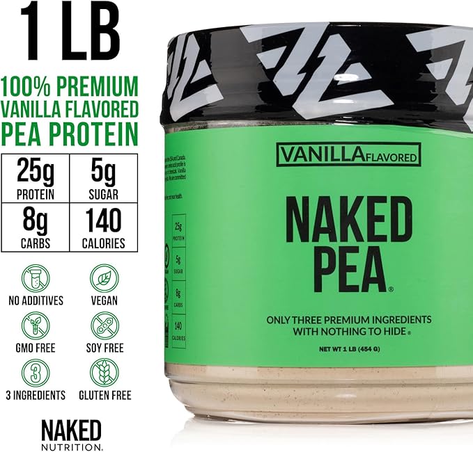 Naked Nutrition Vanilla Pea Protein Isolate from North American Farms, Only 3 Ingredients, Vanilla Vegan Protein, Gluten-Free, Soy Free, GMO Free - 1LB
