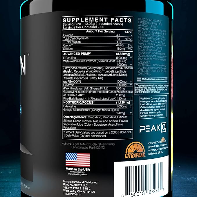 BLACKMARKET AdreNOlyn Stim Free Pre Workout - Caffeine Free Flavored Powdered Drink Mix for Men & Women, Nitric Oxide Booster, Non Stimulant (Strawberry Lemonade, 25 Servings)