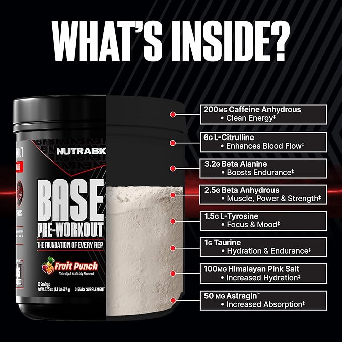NutraBio Base Pre-Workout Sports Nutrition Powder - Sustained Energy, Mental Focus, Endurance, Hydration - Preworkout for Men and Women - Increase Energy- 30 Servings - Fruit Punch