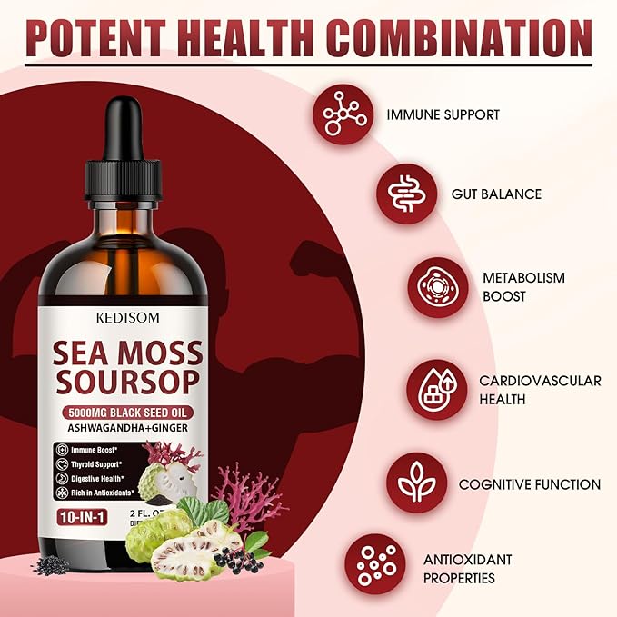 Irish Sea Moss Soursop Drops 2 Fl Oz - Sea Moss Black Seed Oil Multivitamin Liquid with Ashwagandha, Burdock Root, Bladderwrack, Soursop Seamoss Supplement for Gut, Immunity, Thyroid Support