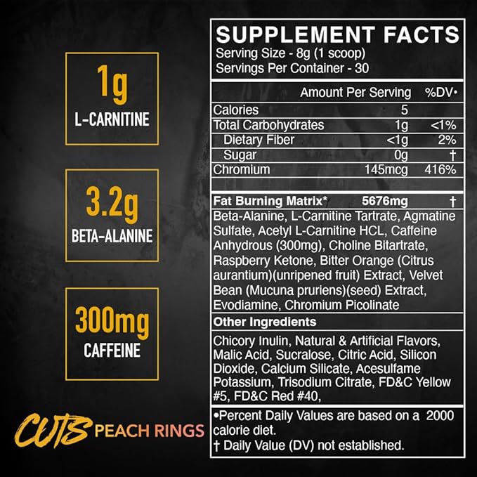 BLACKMARKET CUTS Pre Workout - Flavored Energy Powdered Drink Mix for Men & Women, Great for Muscle Definition, Thermogenic, Creatine Free, (Peach Ring, 30 Servings)