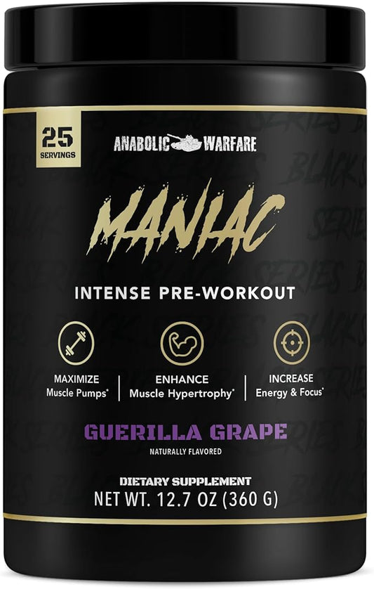 Anabolic Warfare Black Series Maniac, Pre-Workout Powder, Supports Nitric Oxide, Muscle Pumps, and Protein Synthesis* Guerilla Grape