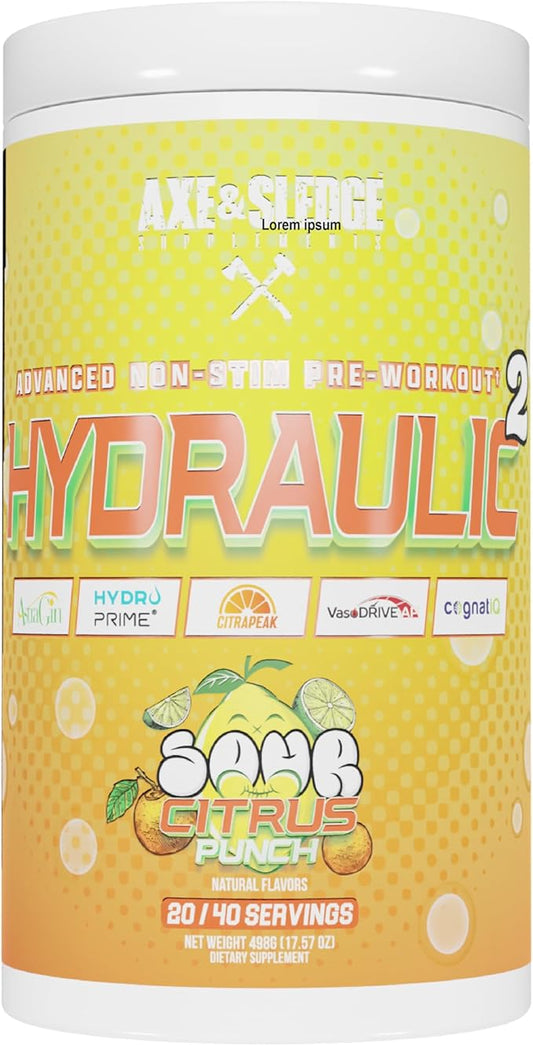 Axe & Sledge Supplements Hydraulic Stimulant-Free Pump Pre-Workout Powder, 40 Servings, (Pack of 1) (Sour Citrus Punch)