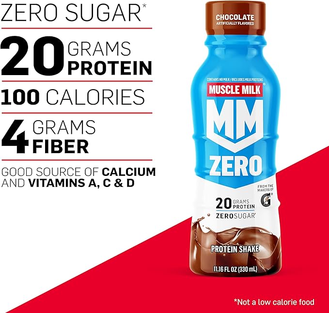 Muscle Milk Zero Protein Shake, Vanilla Crème, 20g Protein, Zero Sugar, 100 Calories, Calcium, Vitamins A, C & D, 4g Fiber, Energizing Snack, Workout Recovery, Packaging May Vary 11.16 Fl Oz (Pack of 12)