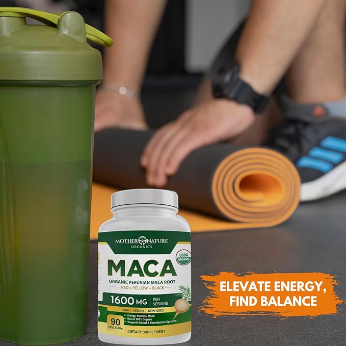 Mother Nature USDA Organic Maca Root Capsules 1600mg, Vegan, Raw Maca Supplement for Stamina, Hormonal Balance & Well-Being, Non-GMO Premium Peruvian Maca for Men & Women, Reproductive Health (90ct)