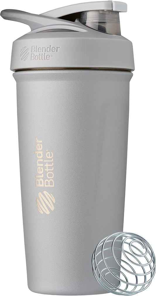 BlenderBottle Strada Shaker Cup Insulated Stainless Steel Water Bottle with Wire Whisk, 24-Ounce, Grey