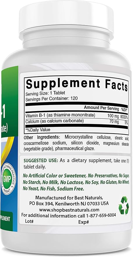 Best Naturals Vitamin B1 as Thiamine Mononitrate 100 mg 120 Tablets (120 Count (Pack of 1))