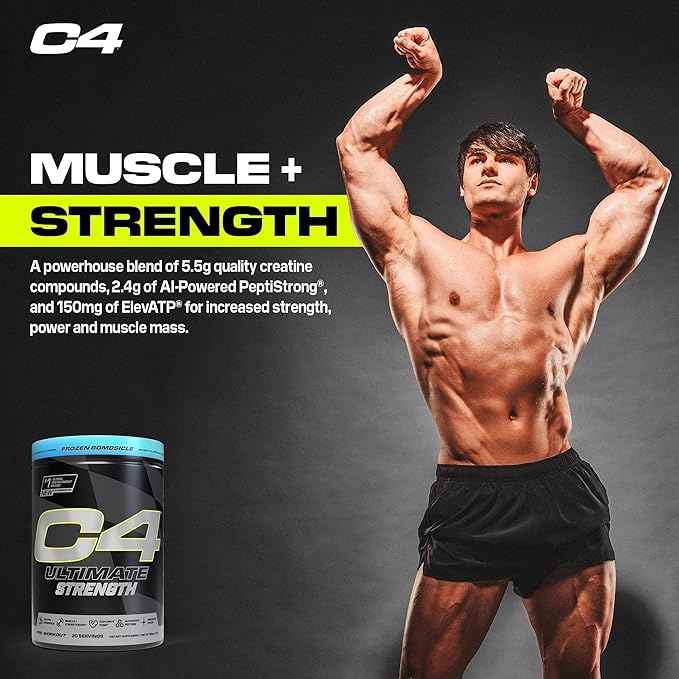 Cellucor C4 Ultimate Strength Pre Workout Powder - Tri-Stim Experience 300mg Caffeine+TeaCrine+Dynamine - Creatine & Beta-Alanine - Energy Supplement for Men & Women - Frozen Bombiscle, 20 Servings