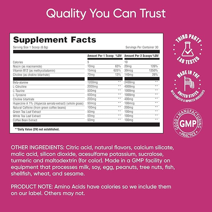 Boost & Focus Powder, Increase Energy and Cognitive Performance, Pre Workout, Custom Dosing, VIT B12, Niacin, Choline, L-Tyrosine, No Artificial Flavors, 30 Servings (Mango Twist)