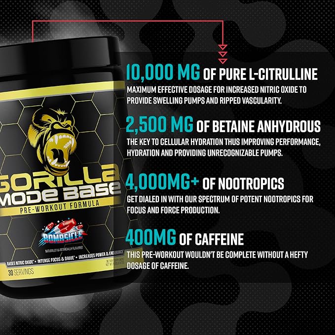 Gorilla Mode Base Pre Workout - Raises Nitric Oxide · Intense Focus & Drive · Endurance · Power - L-Citrulline, L-Tyrosine, Betaine, Alpha-GPC, Caffeine, Huperzine A - 360 Grams (Blue Raspberry)