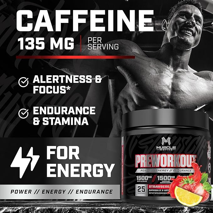 Pre Workout Powder with Beta Alanine, Creatine Monohydrate, BCAA, L Citrulline, L Arginine and Caffeine - Strawberry Lemonade Flavor - 25 Servings