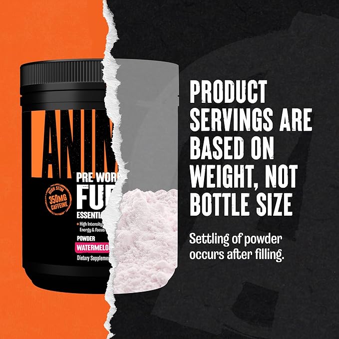 Animal Fury Pre Workout Powder - Energy and Focus Supplement with 5g BCAA, 350mg Caffeine Nitric Oxide Booster with Beta-Alanine, Preworkout for Men and Women, Watermelon Flavor, 30 Servings