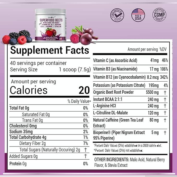 Beetroot Powder, 10.59 oz, 40 Servings - Superfood for Blood Pressure Support, Nitric Oxide Booster, Beet Root Extract, BCAA for Heart Health, Green Tea Extract, Berry Flavor