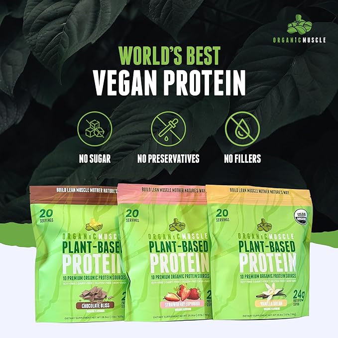 Organic Muscle Organic Vegan Protein Powder - Plant Based Vanilla Protein Powder with Pea, Hemp, Brown Rice, Chia Seed & Amino Acids - Low Calorie for Muscle Growth & Speed Recovery