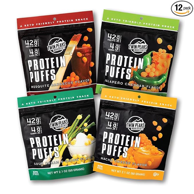 Twin Peaks Low Carb, Keto Friendly Protein Puffs, 2 Serving 12 Pack, (60g, 42g Protein, 4g Carbs)