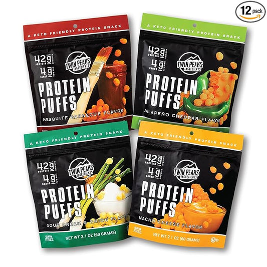 Twin Peaks Low Carb, Keto Friendly Protein Puffs, 2 Serving 12 Pack, (60g, 42g Protein, 4g Carbs)