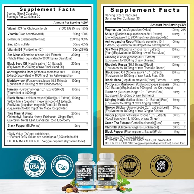 Pure Himalayan Shilajit Supplement 10,000mg Sea Moss 2,000mg Ashwagandha 6,000mg Bladderwrack 1000mg Gingko Biloba 500mg Organic Capsules & Trace Mineral for Men and Women – Made in USA