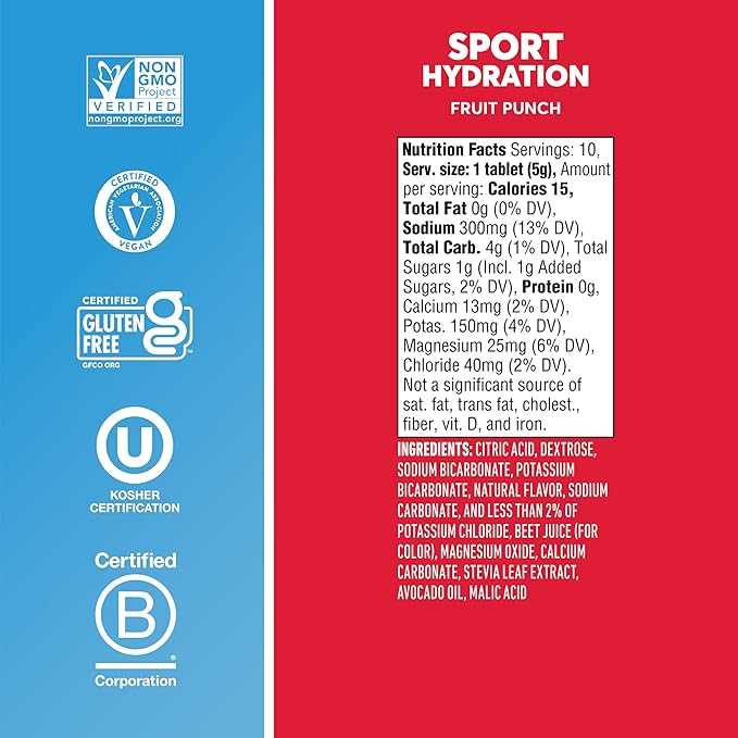 Nuun Sport Electrolyte Tablets - Dissolvable in Water, Fruit Punch, 5 Essential Electrolytes for Hydration, 1g Sugar Drink Mix, Vegan, Non-GMO, 8 Pack (80 Total Servings)
