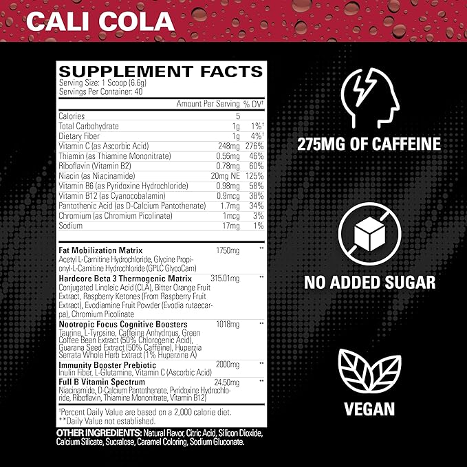 EHP Labs OxyShred Hardcore Super Dosed Pre Workout Powder - Preworkout Powder with L Glutamine & Acetyl L Carnitine, Energy Boost Drink - 275mg of Caffeine - Cali Cola, 40 Servings