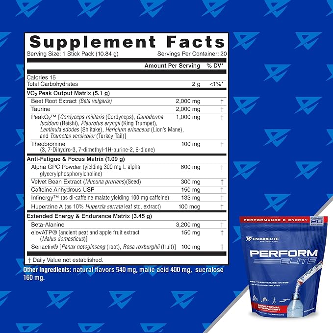 EndurElite Perform Elite- Pre Workout Powder Supplement- Pre-Workout for Endurance Athletes- 20 Serving Bag- Sensational Strawberry