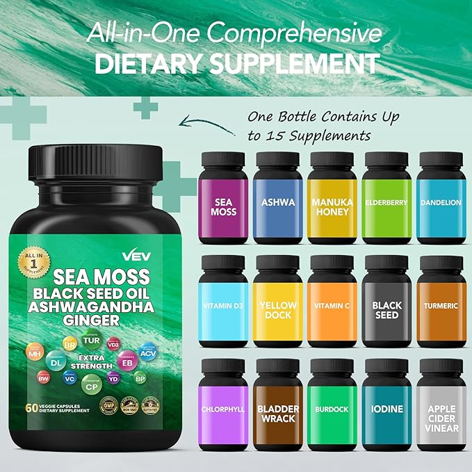 VEV Irish Sea Moss, Ashwagandha, Burdock, Black Seed Oil, Multi Minerals - 60Capsules