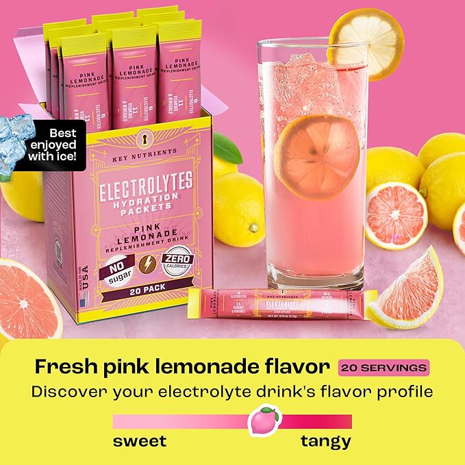 KEY NUTRIENTS Electrolytes Powder Packets - Fresh Pink Lemonade 20 Pack Hydration Packets - Travel Hydration Powder - No Sugar, No Calories, Gluten Free - Made in USA