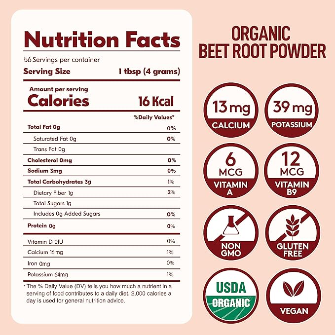 Organic Beet Root Powder, USDA Certified - Nitric Oxide Supplement, Beet Juice Powder Superfood for Healthy Heart, Beetroot Supplement, Beetroot Powder - 56 Servings, 8 oz