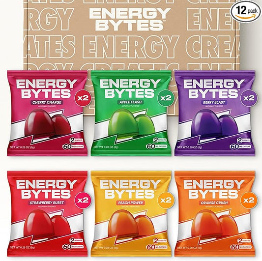 Energy Bytes Caffeine Gummies | Instant Energy Chews for Running, Cycling and Sports Performance | Vegan, Low Sugar | Variety Pack (12-Pack)