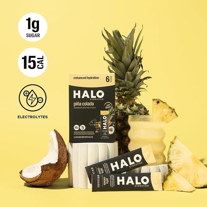 Halo Hydration - Electrolyte Drink Mix | Hydration Powder Packets | Pina Colada Flavor – for Sports and Cycling | Easy Open Single Serving Stick | 12 Sticks