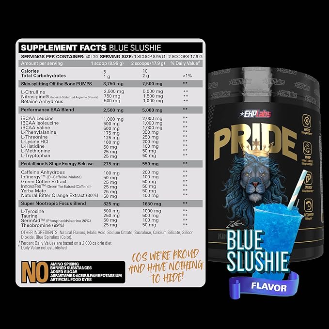 EHP Labs Pride Pre Workout Powder Energy Supplement - Sugar Free Preworkout for Men & Women, Energy Powder Boost Drink with BCAA - 280mg of Caffeine - Blue Slushie (40 Servings)