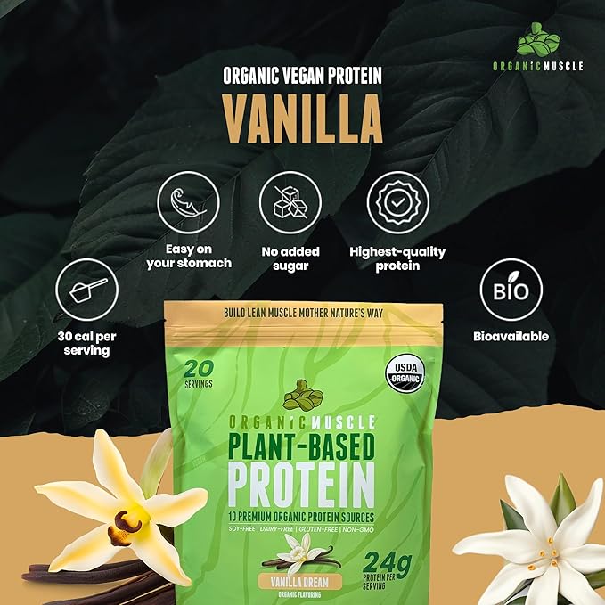 Organic Muscle Organic Vegan Protein Powder - Plant Based Vanilla Protein Powder with Pea, Hemp, Brown Rice, Chia Seed & Amino Acids - Low Calorie for Muscle Growth & Speed Recovery