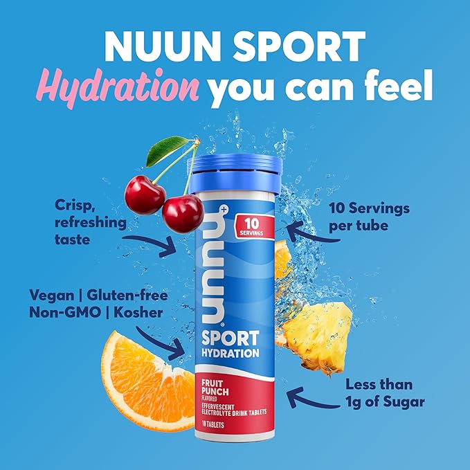 Nuun Sport Electrolyte Tablets - Dissolvable in Water, Fruit Punch, 5 Essential Electrolytes for Hydration, 1g Sugar Drink Mix, Vegan, Non-GMO, 8 Pack (80 Total Servings)