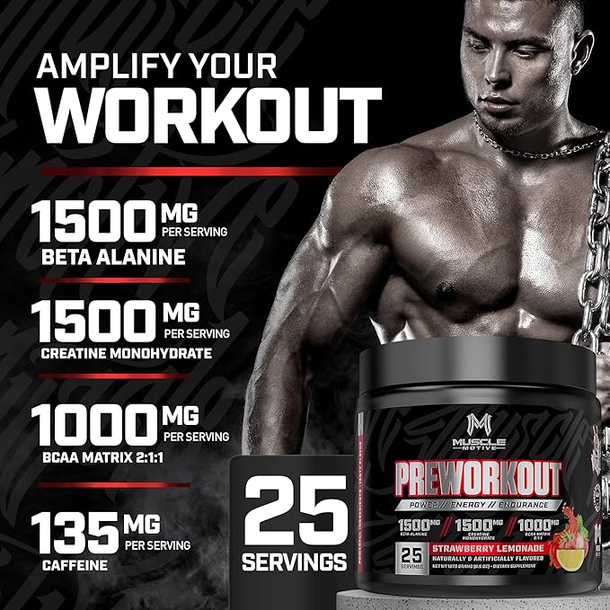 Pre Workout Powder with Beta Alanine, Creatine Monohydrate, BCAA, L Citrulline, L Arginine and Caffeine - Strawberry Lemonade Flavor - 25 Servings