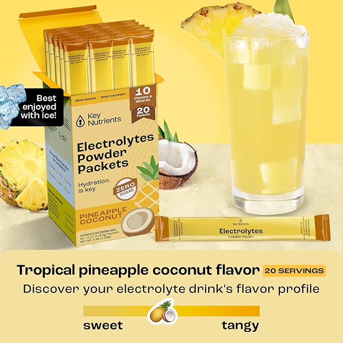KEY NUTRIENTS Electrolytes Powder Packets - Tropical Pineapple Coconut 40 Pack Hydration Packets - Travel Hydration Powder - No Sugar, No Calories, Gluten Free Keto Electrolytes Powder - Made in USA