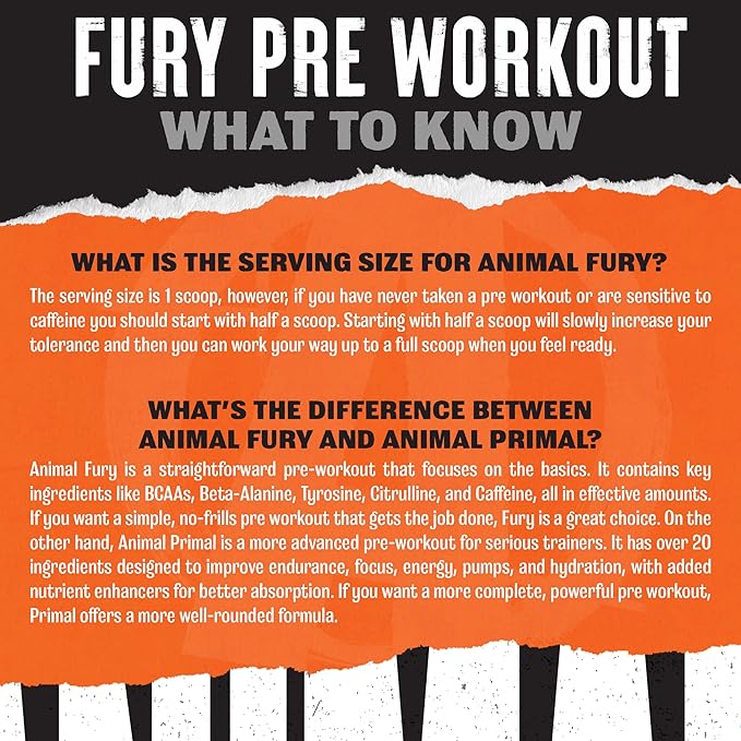 Animal Fury Pre Workout Powder - Energy and Focus Supplement with 5g BCAA, 350mg Caffeine Nitric Oxide Booster with Beta-Alanine, Preworkout for Men and Women, Green Apple Flavor, 20 Servings