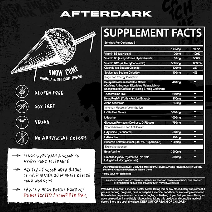 AFTERDARK INHUMAN Pre-Workout Powder, Enhanced Mind-Muscle Connection, Sustained Energy, Potent Nootropic Blend, Vegan, Gluten-Free, Soy-Free, 400mg Caffeine, No Crash, SnowCone