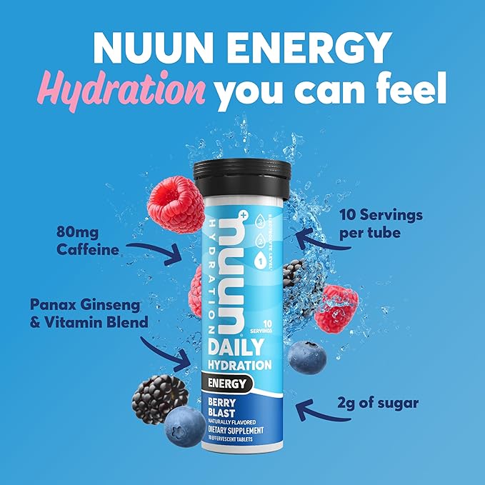 Nuun Hydration Energy Electrolyte Tablets with Caffeine, B Vitamins and Ginseng, Berry Blast, 5 Essential Electrolytes for Hydration, Vegan, Non-GMO, 8 Pack (80 Servings)