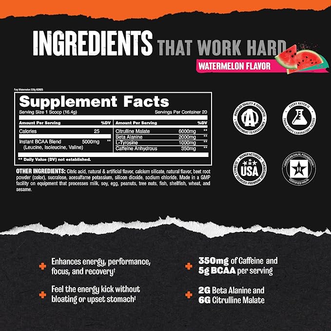 Animal Fury Pre Workout Powder - Energy and Focus Supplement with 5g BCAA, 350mg Caffeine Nitric Oxide Booster with Beta-Alanine, Preworkout for Men and Women, Watermelon Flavor, 20 Servings