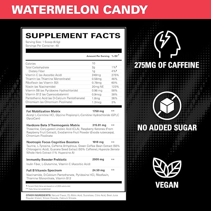 EHP Labs OxyShred Hardcore Super Dosed Pre Workout Powder - Preworkout Powder with L Glutamine & Acetyl L Carnitine, Energy Boost Drink - 275mg of Caffeine - Watermelon Candy, 40 Servings