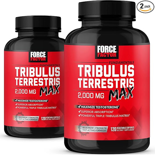 FORCE FACTOR Tribulus Terrestris Max for Men 2-Pack, Testosterone Booster, Male Vitality Supplement, Made with Key Natural Ingredients Superior Absorption, 2000mg, 240 Capsules, Red
