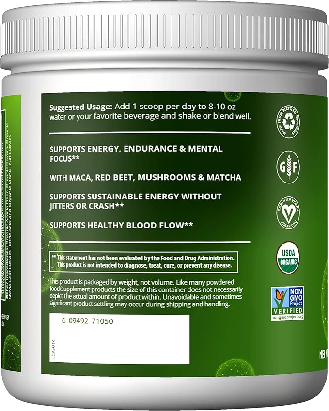 MRM Nutrition Organic Pre-Workout Powder | Black Cherry Flavored | Superfoods + 150mg Natural Caffeine + adaptogens | Clean Energy + Focus| Healthy Blood Flow | Vegan + Non-GMO | 20 Servings
