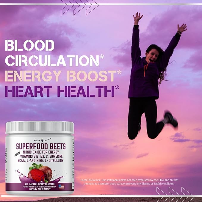 Beetroot Powder, 10.59 oz, 40 Servings - Superfood for Blood Pressure Support, Nitric Oxide Booster, Beet Root Extract, BCAA for Heart Health, Green Tea Extract, Berry Flavor