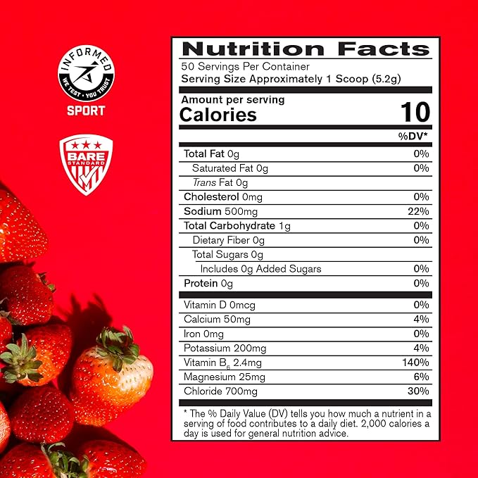 BARE PERFORMANCE NUTRITION BPN Electrolytes Hydration Drink Mix | Sugar Free Electrolyte Powder | 500mg Sodium per serving | Naturally Sweetened | Strawberry, 50 Servings