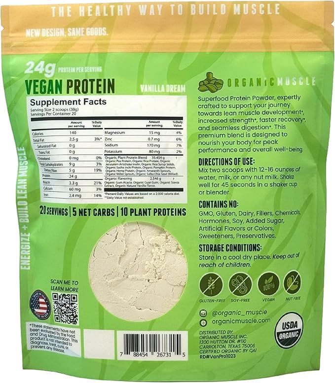 Organic Muscle Organic Vegan Protein Powder - Plant Based Vanilla Protein Powder with Pea, Hemp, Brown Rice, Chia Seed & Amino Acids - Low Calorie for Muscle Growth & Speed Recovery