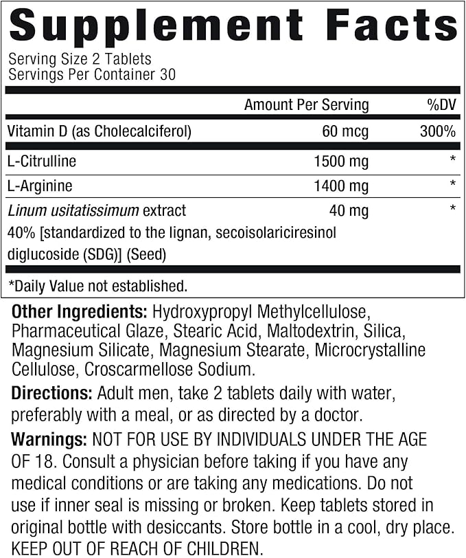 Performance Nitric Oxide Booster for Men - Promote Blood Circulation, Arousal, Energy Production, Drive, Stamina, Health Supplement (60 Tablets, 1 Bottle)