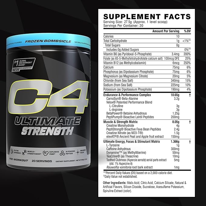 Cellucor C4 Ultimate Strength Pre Workout Powder - Tri-Stim Experience 300mg Caffeine+TeaCrine+Dynamine - Creatine & Beta-Alanine - Energy Supplement for Men & Women - Frozen Bombiscle, 20 Servings